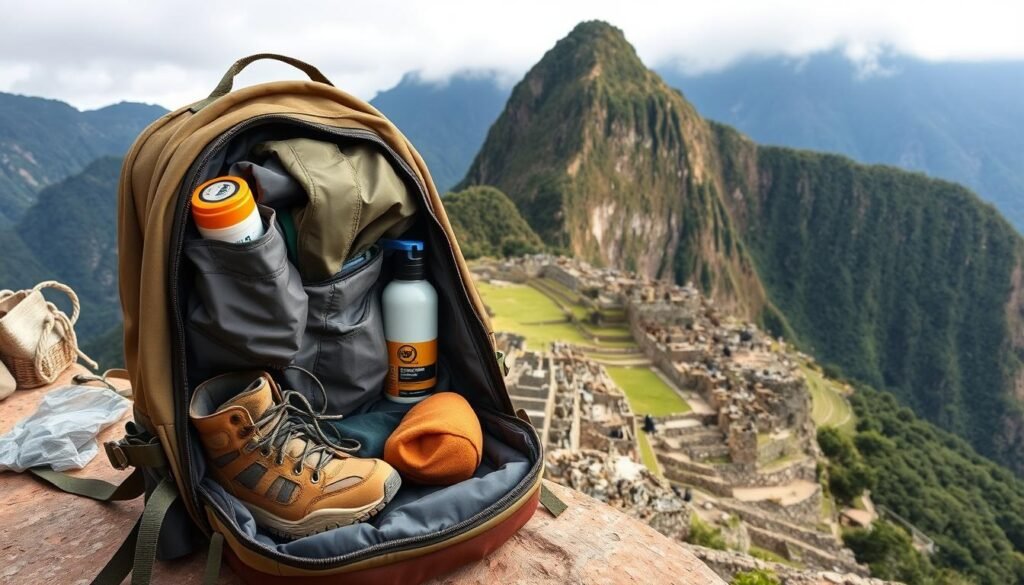 A tranquil scene atop the ancient Incan citadel of Machu Picchu, with a well-prepared hiker meticulously packing their gear for the journey. In the foreground, an open backpack reveals neatly organized essentials - hiking boots, rain jacket, sunscreen, and a sturdy water bottle. The middle ground showcases the magnificent stone ruins, their weathered surfaces glowing under the soft, diffused light of an overcast sky. In the background, the lush, verdant Andes mountains rise majestically, creating a serene and awe-inspiring backdrop. The overall mood is one of preparedness, adventure, and a deep appreciation for the natural wonders of this iconic Peruvian landmark.