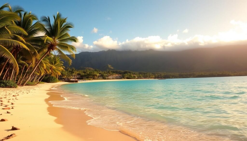A tranquil scene of Kailua Beach, Oahu, Hawaii. In the foreground, crystal-clear turquoise waters gently lap against the soft, golden sand. Lush, swaying palm trees line the shore, casting gentle shadows. In the middle ground, a row of beachfront homes and resorts peek out, nestled among verdant foliage. The background is dominated by the majestic Koolau Mountains, their peaks shrouded in wispy clouds. The warm, tropical sun casts a golden glow over the entire scene, creating a serene and inviting atmosphere. A perfect day to relax, swim, and soak in the natural beauty of this windward paradise. A tranquil scene of Kailua Beach, Oahu, Hawaii. In the foreground, crystal-clear turquoise waters gently lap against the soft, golden sand. Lush, swaying palm trees line the shore, casting gentle shadows. In the middle ground, a row of beachfront homes and resorts peek out, nestled among verdant foliage. The background is dominated by the majestic Koolau Mountains, their peaks shrouded in wispy clouds. The warm, tropical sun casts a golden glow over the entire scene, creating a serene and inviting atmosphere. A perfect day to relax, swim, and soak in the natural beauty of this windward paradise.