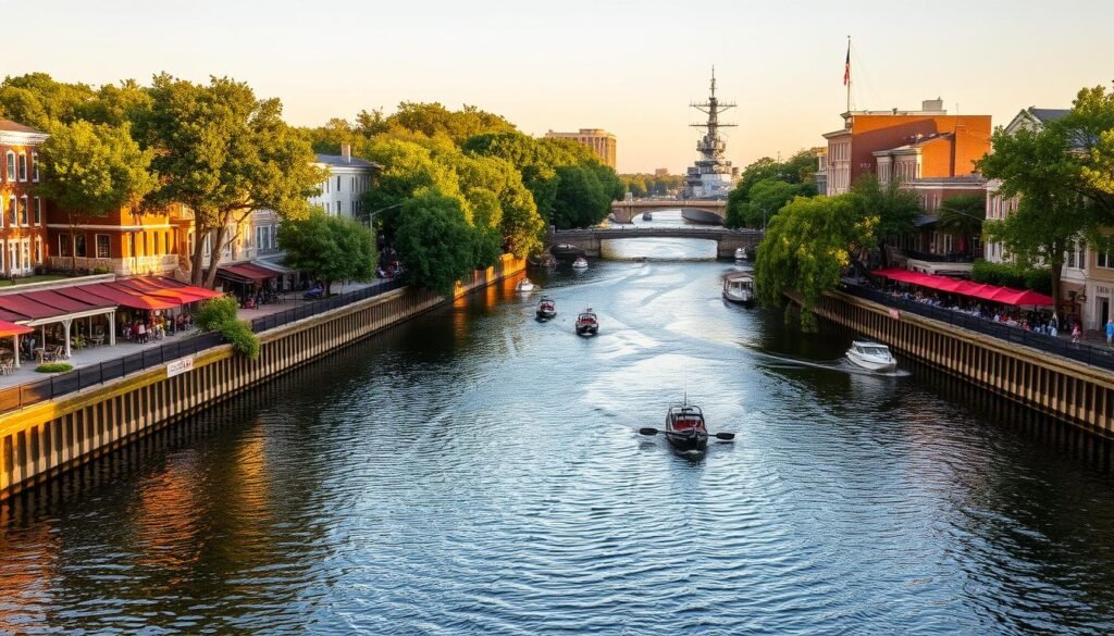 A tranquil scene of the Cape Fear River flowing through the heart of downtown Wilmington, North Carolina. The riverwalk is lined with lush greenery, historic buildings, and bustling cafes, all bathed in warm, golden afternoon light. Kayaks and small boats dot the gently rippling waters, reflecting the charming cityscape. In the distance, the iconic Battleship North Carolina stands as a silent sentinel, its grey hull towering above the riverbanks. The atmosphere is one of relaxed coastal living, where the rhythms of the river and the vibrant urban energy seamlessly intertwine.