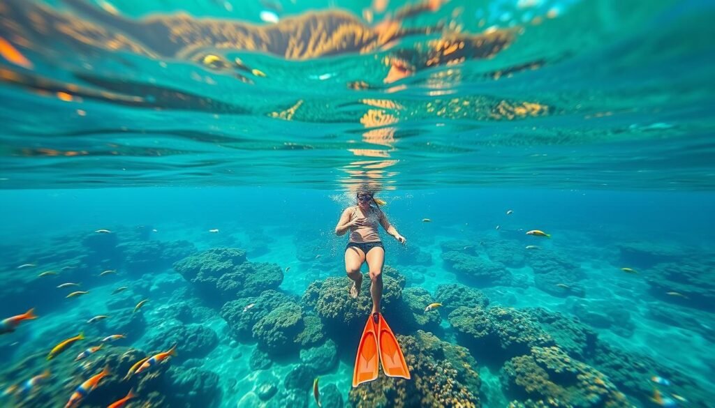 A tranquil snorkeling scene in the crystal-clear waters of Kauai's pristine coastline. In the foreground, a snorkeler glides effortlessly, their vibrant fins propelling them through the shimmering azure sea. Diverse marine life, including colorful tropical fish and swaying coral formations, populate the middle ground, creating a captivating underwater world. In the background, lush, verdant cliffs rise majestically, their rugged edges softened by the warm, golden sunlight filtering through the surface. The scene exudes a sense of serene exploration, inviting the viewer to dive into the island's enchanting aquatic realm.
