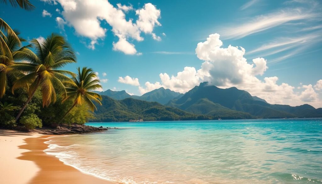 A tranquil tropical island paradise, bathed in warm golden sunlight and lush verdant foliage. In the foreground, a serene beach with glistening white sands and crystal-clear turquoise waters lapping gently at the shore. Swaying palm trees cast dappled shadows, creating a soothing ambiance. In the middle ground, rolling hills and distant mountains rise up, their peaks capped with wispy clouds. The sky above is a brilliant azure, with fluffy cumulus clouds drifting lazily across. An overall sense of relaxation, timelessness, and the idyllic essence of island life permeates the scene.