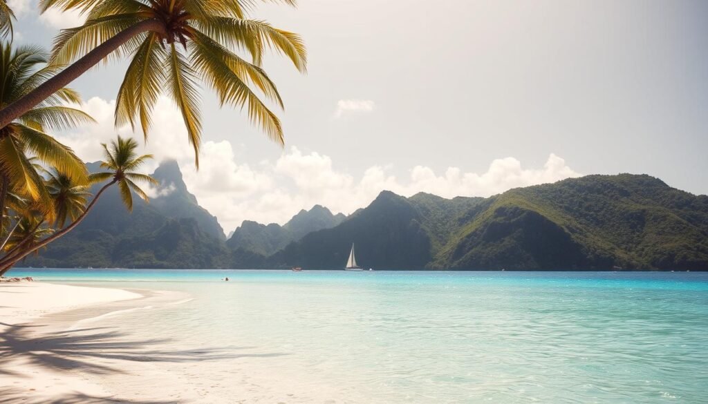 A tranquil tropical island paradise in the Caribbean, with lush palm trees swaying gently in the warm ocean breeze. Pristine white-sand beaches stretch out to meet the crystal-clear turquoise waters, inviting visitors to relax and unwind. In the distance, a solitary sailboat glides across the horizon, capturing the essence of island life. The scene is bathed in soft, golden sunlight, creating a dreamy, atmospheric ambiance. Towering cliffs and verdant hills rise up in the background, adding depth and drama to the landscape. This idyllic island setting evokes a sense of freedom, serenity, and the perfect escape from the stresses of everyday life. A tranquil tropical island paradise in the Caribbean, with lush palm trees swaying gently in the warm ocean breeze. Pristine white-sand beaches stretch out to meet the crystal-clear turquoise waters, inviting visitors to relax and unwind. In the distance, a solitary sailboat glides across the horizon, capturing the essence of island life. The scene is bathed in soft, golden sunlight, creating a dreamy, atmospheric ambiance. Towering cliffs and verdant hills rise up in the background, adding depth and drama to the landscape. This idyllic island setting evokes a sense of freedom, serenity, and the perfect escape from the stresses of everyday life.