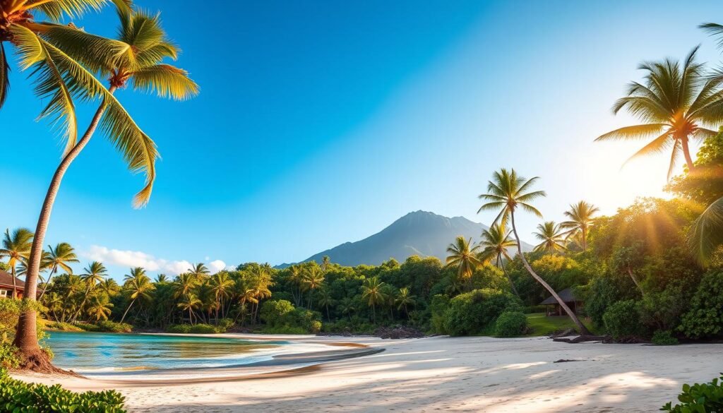 A tranquil tropical paradise unfolds, with pristine white-sand beaches lapped by turquoise waters and framed by swaying palm trees. The sun casts a warm, golden glow, illuminating the lush, verdant foliage that cascades down the lush hillsides. In the distance, a majestic volcanic peak rises, its rugged silhouette etched against a vibrant azure sky. The scene exudes a sense of serenity and natural beauty, inviting the viewer to imagine themselves immersed in the idyllic island setting. Captured with a wide-angle lens, the composition emphasizes the expansive, picturesque vistas that capture the essence of a quintessential Hawaiian beach escape. A tranquil tropical paradise unfolds, with pristine white-sand beaches lapped by turquoise waters and framed by swaying palm trees. The sun casts a warm, golden glow, illuminating the lush, verdant foliage that cascades down the lush hillsides. In the distance, a majestic volcanic peak rises, its rugged silhouette etched against a vibrant azure sky. The scene exudes a sense of serenity and natural beauty, inviting the viewer to imagine themselves immersed in the idyllic island setting. Captured with a wide-angle lens, the composition emphasizes the expansive, picturesque vistas that capture the essence of a quintessential Hawaiian beach escape.