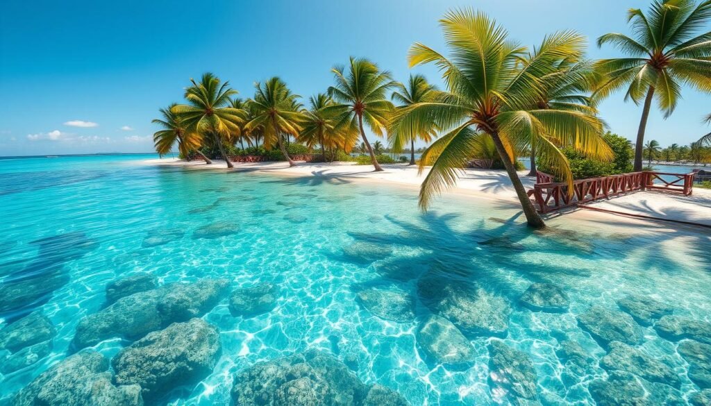 A tranquil tropical paradise with crystal-clear turquoise waters lapping against a pristine white sand beach. Vibrant palm trees sway gently in the warm ocean breeze, casting dappled shadows across the picturesque shoreline. Sunlight glimmers on the serene surface, illuminating the shallow seafloor teeming with colorful marine life. Captured with a wide-angle lens to showcase the breathtaking expanse of this idyllic island oasis, inviting all-day exploration and swimming in its inviting azure embrace. A tranquil tropical paradise with crystal-clear turquoise waters lapping against a pristine white sand beach. Vibrant palm trees sway gently in the warm ocean breeze, casting dappled shadows across the picturesque shoreline. Sunlight glimmers on the serene surface, illuminating the shallow seafloor teeming with colorful marine life. Captured with a wide-angle lens to showcase the breathtaking expanse of this idyllic island oasis, inviting all-day exploration and swimming in its inviting azure embrace.