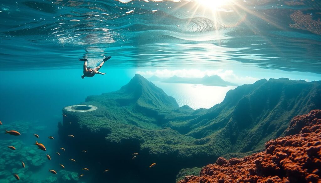 A tranquil underwater scene captures the essence of Molokini Crater, a crescent-shaped volcanic atoll off the coast of Maui. In the foreground, a snorkeler gracefully glides through the crystal-clear turquoise waters, marveling at the vibrant coral formations and schools of tropical fish darting around them. The middle ground reveals the dramatic cliffs of the crater, casting soft shadows on the surface, while the background showcases the distant Hawaiian island landscape, bathed in warm, golden sunlight filtering through the surface. The overall mood is one of serene exploration and wonder, inviting the viewer to immerse themselves in the captivating beauty of this snorkeling paradise. A tranquil underwater scene captures the essence of Molokini Crater, a crescent-shaped volcanic atoll off the coast of Maui. In the foreground, a snorkeler gracefully glides through the crystal-clear turquoise waters, marveling at the vibrant coral formations and schools of tropical fish darting around them. The middle ground reveals the dramatic cliffs of the crater, casting soft shadows on the surface, while the background showcases the distant Hawaiian island landscape, bathed in warm, golden sunlight filtering through the surface. The overall mood is one of serene exploration and wonder, inviting the viewer to immerse themselves in the captivating beauty of this snorkeling paradise.