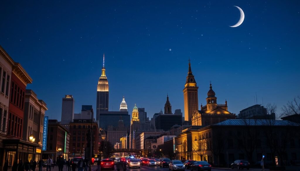 A tranquil urban landscape, bathed in the warm glow of day and the cool hues of night. In the foreground, a bustling city street comes alive with pedestrians, cars, and the vibrant energy of daytime activities. In the middle ground, towering skyscrapers and historic landmarks stand tall, their architectural details illuminated by the sun's rays. The background fades into a serene night sky, dotted with twinkling stars and a crescent moon, inviting a sense of wonder and tranquility. The image captures the duality of the city, where the hustle and bustle of the day seamlessly transitions into the calmer rhythms of the night, offering endless opportunities for exploration and enjoyment. A tranquil urban landscape, bathed in the warm glow of day and the cool hues of night. In the foreground, a bustling city street comes alive with pedestrians, cars, and the vibrant energy of daytime activities. In the middle ground, towering skyscrapers and historic landmarks stand tall, their architectural details illuminated by the sun's rays. The background fades into a serene night sky, dotted with twinkling stars and a crescent moon, inviting a sense of wonder and tranquility. The image captures the duality of the city, where the hustle and bustle of the day seamlessly transitions into the calmer rhythms of the night, offering endless opportunities for exploration and enjoyment.