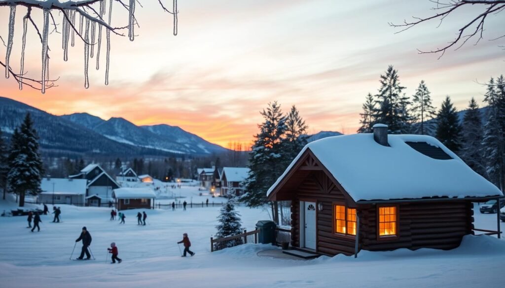 A tranquil winter landscape in Maine, with a picturesque village nestled among snow-capped mountains. In the foreground, a cozy log cabin with a warm glow emanating from its windows, surrounded by a blanket of pristine white snow. Delicate icicles hang from the eaves, catching the soft, golden light of the setting sun. In the middle ground, families bundle up and enjoy outdoor activities - skiing down groomed slopes, ice skating on a frozen pond, and building snowmen. In the distance, the rugged silhouettes of towering pines stand tall against a vibrant, pastel sky, hinting at the serene beauty of Maine's winter wonderland. The scene conveys a sense of peaceful solitude and the pure, enchanting magic of the season. A tranquil winter landscape in Maine, with a picturesque village nestled among snow-capped mountains. In the foreground, a cozy log cabin with a warm glow emanating from its windows, surrounded by a blanket of pristine white snow. Delicate icicles hang from the eaves, catching the soft, golden light of the setting sun. In the middle ground, families bundle up and enjoy outdoor activities - skiing down groomed slopes, ice skating on a frozen pond, and building snowmen. In the distance, the rugged silhouettes of towering pines stand tall against a vibrant, pastel sky, hinting at the serene beauty of Maine's winter wonderland. The scene conveys a sense of peaceful solitude and the pure, enchanting magic of the season.