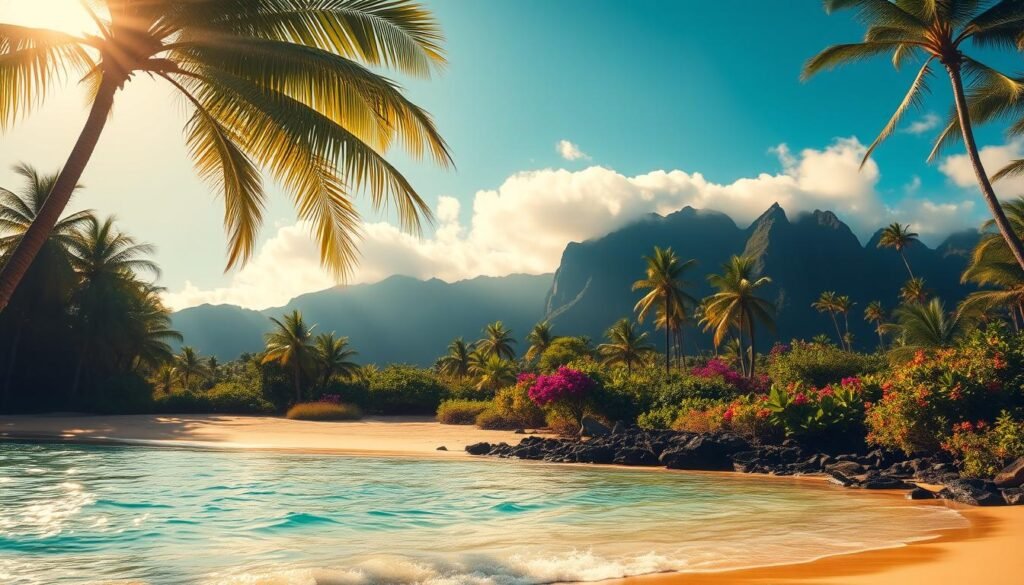 A tropical Hawaiian landscape bathed in warm, golden sunlight. In the foreground, a pristine sandy beach with crystal-clear turquoise waters lapping gently at the shore. Swaying palm trees cast dappled shadows over the scene. In the middle ground, lush, verdant foliage and vibrant flowers bloom in vibrant hues of red, purple, and yellow. The background features rugged, volcanic mountains rising majestically, their peaks shrouded in wispy clouds. The overall mood is one of serene, idyllic tranquility, capturing the essence of a Hawaiian summer. Captured with a wide-angle lens to showcase the expansive, breathtaking vista. A tropical Hawaiian landscape bathed in warm, golden sunlight. In the foreground, a pristine sandy beach with crystal-clear turquoise waters lapping gently at the shore. Swaying palm trees cast dappled shadows over the scene. In the middle ground, lush, verdant foliage and vibrant flowers bloom in vibrant hues of red, purple, and yellow. The background features rugged, volcanic mountains rising majestically, their peaks shrouded in wispy clouds. The overall mood is one of serene, idyllic tranquility, capturing the essence of a Hawaiian summer. Captured with a wide-angle lens to showcase the expansive, breathtaking vista.