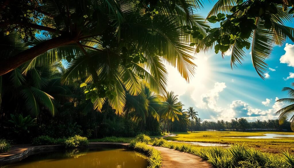 A tropical landscape under a lush, verdant canopy, with sun-dappled leaves rustling in the gentle trade winds. In the foreground, a tranquil pond reflects the swaying palm fronds and wispy clouds drifting overhead. As the trade wind showers begin, soft droplets of rain patter against the water's surface, creating a soothing, rhythmic melody. The middle ground features a path winding through the verdant foliage, inviting the viewer to explore this serene, island paradise. In the distance, the sky is a brilliant azure, with rays of warm, golden sunlight breaking through the passing rain showers, casting a magical, ethereal glow over the entire scene. A tropical landscape under a lush, verdant canopy, with sun-dappled leaves rustling in the gentle trade winds. In the foreground, a tranquil pond reflects the swaying palm fronds and wispy clouds drifting overhead. As the trade wind showers begin, soft droplets of rain patter against the water's surface, creating a soothing, rhythmic melody. The middle ground features a path winding through the verdant foliage, inviting the viewer to explore this serene, island paradise. In the distance, the sky is a brilliant azure, with rays of warm, golden sunlight breaking through the passing rain showers, casting a magical, ethereal glow over the entire scene.