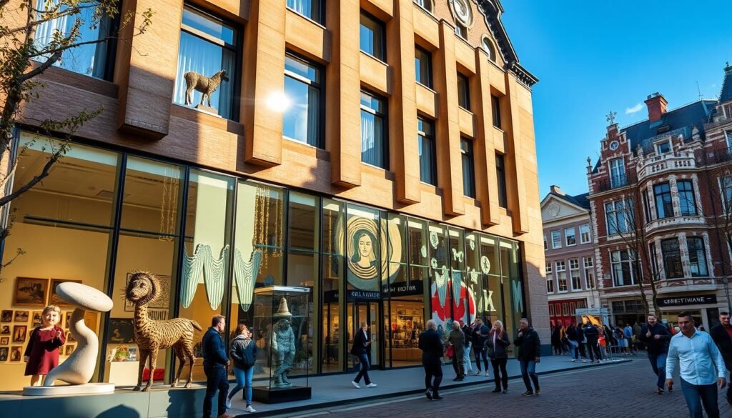 A unique museum nestled in the heart of Amsterdam, its facade a captivating blend of modern and historic architecture. Sunlight streams through the large windows, illuminating the eclectic collection within. Visitors wander the galleries, immersed in the juxtaposition of traditional and avant-garde displays. The museum's distinctive character shines through, from the whimsical sculptures adorning the entrance to the thought-provoking installations that beckon further exploration. This is a place where the boundaries of art and innovation blur, inviting visitors to expand their perspectives and discover the unexpected.