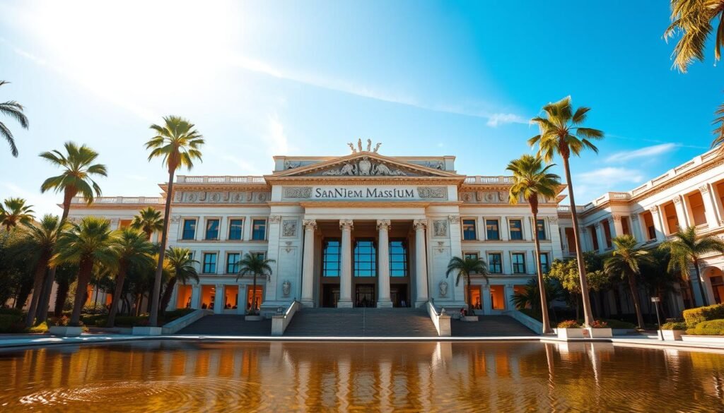 A vast, awe-inspiring museum complex rising against a backdrop of sun-dappled palm trees and azure skies. The grand, neoclassical facade is adorned with intricate carvings and imposing columns, beckoning visitors to step inside. The foreground features a tranquil reflecting pool, its still waters mirroring the museum's stately grandeur. Warm, golden light filters through expansive windows, illuminating the museum's interior, which is filled with an eclectic array of exhibits showcasing San Diego's rich cultural heritage and artistic traditions. The atmosphere is one of refined sophistication and intellectual curiosity, inviting the viewer to explore and discover the treasures within. A vast, awe-inspiring museum complex rising against a backdrop of sun-dappled palm trees and azure skies. The grand, neoclassical facade is adorned with intricate carvings and imposing columns, beckoning visitors to step inside. The foreground features a tranquil reflecting pool, its still waters mirroring the museum's stately grandeur. Warm, golden light filters through expansive windows, illuminating the museum's interior, which is filled with an eclectic array of exhibits showcasing San Diego's rich cultural heritage and artistic traditions. The atmosphere is one of refined sophistication and intellectual curiosity, inviting the viewer to explore and discover the treasures within.