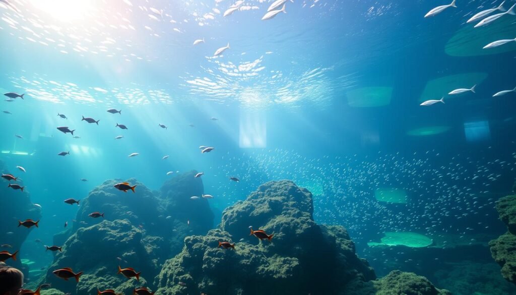 A vast, captivating oceanarium water tank, illuminated by natural daylight filtering through the expansive glass walls. The foreground showcases a diverse array of marine life, gracefully gliding through the crystal-clear waters, their vibrant colors and intricate movements captivating the viewer. The middle ground features a serene underwater landscape, with kelp forests, rocky outcroppings, and schools of shimmering fish, creating a mesmerizing scene. The background seamlessly blends into a hazy, atmospheric depth, conveying a sense of tranquility and exploration. The scene is captured with a wide-angle lens, emphasizing the grandeur and immersive nature of the oceanarium, inviting the viewer to dive into this aquatic wonderland.