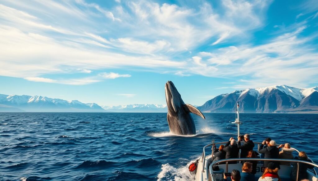 A vast expanse of azure ocean, with a towering, majestic humpback whale breaching the surface, its massive body gracefully arching out of the water. In the foreground, a small whale-watching boat, its passengers excitedly observing the natural spectacle, their cameras poised to capture the moment. The sky is a brilliant blue, with wispy clouds drifting overhead, casting a warm, golden glow over the scene. The composition is framed by the rugged, snow-capped mountains of the Icelandic coastline, creating a breathtaking backdrop that evokes the remote and untamed beauty of this northern landscape. The overall mood is one of awe, wonder, and a deep connection to the natural world. A vast expanse of azure ocean, with a towering, majestic humpback whale breaching the surface, its massive body gracefully arching out of the water. In the foreground, a small whale-watching boat, its passengers excitedly observing the natural spectacle, their cameras poised to capture the moment. The sky is a brilliant blue, with wispy clouds drifting overhead, casting a warm, golden glow over the scene. The composition is framed by the rugged, snow-capped mountains of the Icelandic coastline, creating a breathtaking backdrop that evokes the remote and untamed beauty of this northern landscape. The overall mood is one of awe, wonder, and a deep connection to the natural world.
