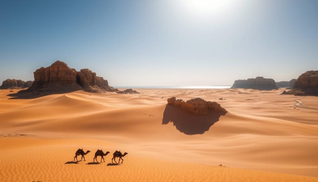 A vast expanse of golden sand dunes stretching endlessly under a cloudless azure sky. In the foreground, a lone Bedouin camel caravan winding its way across the rippled landscape, its silhouettes casting long shadows. The middle ground features wind-sculpted rock formations, their weathered surfaces glowing in the warm, diffused light. In the distance, a shimmering mirage hints at the harsh, unforgiving beauty of the Sahara desert. The scene exudes a sense of timelessness, a tranquil solitude that transports the viewer to the heart of this legendary, otherworldly terrain. A vast expanse of golden sand dunes stretching endlessly under a cloudless azure sky. In the foreground, a lone Bedouin camel caravan winding its way across the rippled landscape, its silhouettes casting long shadows. The middle ground features wind-sculpted rock formations, their weathered surfaces glowing in the warm, diffused light. In the distance, a shimmering mirage hints at the harsh, unforgiving beauty of the Sahara desert. The scene exudes a sense of timelessness, a tranquil solitude that transports the viewer to the heart of this legendary, otherworldly terrain.