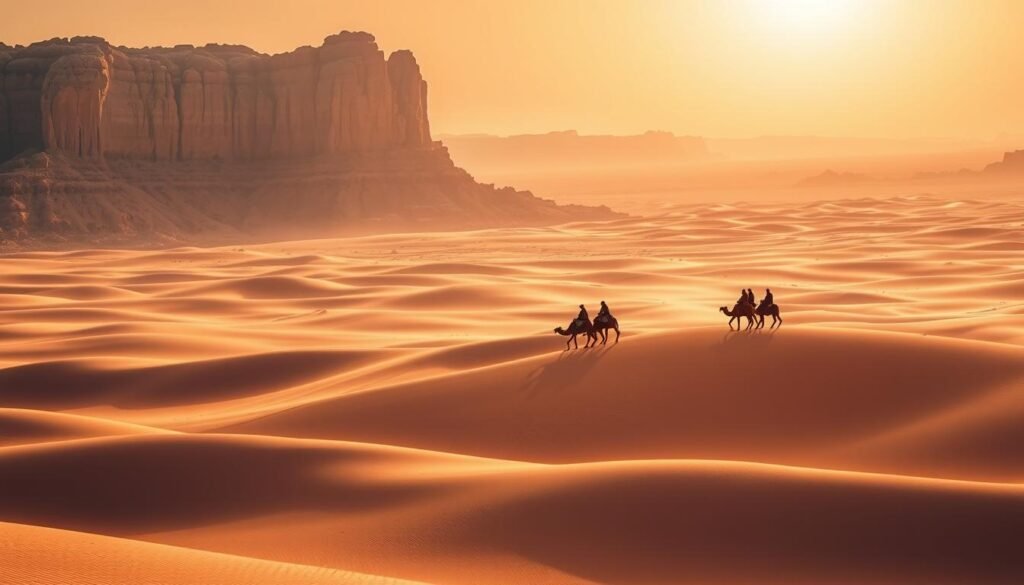 A vast expanse of sand dunes stretches out under the blazing Saharan sun, their undulating forms casting long shadows across the parched landscape. In the foreground, a lone Bedouin camel caravan winds its way through the golden expanse, the riders silhouetted against the hazy horizon. Towering rock formations, sculpted by millennia of wind and weather, rise up in the distance, their weathered faces glowing with a deep, earthy hue. The air is thick with the scent of spice and the whisper of a gentle breeze, hinting at the ancient cultures and traditions that have thrived in this harsh yet captivating desert realm. A vast expanse of sand dunes stretches out under the blazing Saharan sun, their undulating forms casting long shadows across the parched landscape. In the foreground, a lone Bedouin camel caravan winds its way through the golden expanse, the riders silhouetted against the hazy horizon. Towering rock formations, sculpted by millennia of wind and weather, rise up in the distance, their weathered faces glowing with a deep, earthy hue. The air is thick with the scent of spice and the whisper of a gentle breeze, hinting at the ancient cultures and traditions that have thrived in this harsh yet captivating desert realm.