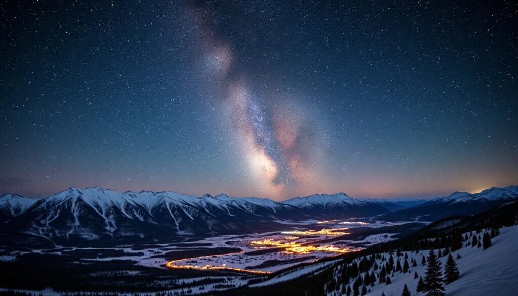 A vast expanse of starry night sky, with the towering peaks of the Rocky Mountains silhouetted against the inky blackness. The Milky Way galaxy stretches across the heavens, its brilliant stars and swirling nebulae casting a ethereal glow over the snowy landscape below. In the distance, a cozy mountain town nestled between the slopes, its warm lights twinkling like diamonds in the night. The crisp, cold air is filled with the scent of pine and the crunch of fresh snow underfoot. This is Big Sky, Montana - a winter wonderland of deep powder, endless adventures, and awe-inspiring natural beauty. A vast expanse of starry night sky, with the towering peaks of the Rocky Mountains silhouetted against the inky blackness. The Milky Way galaxy stretches across the heavens, its brilliant stars and swirling nebulae casting a ethereal glow over the snowy landscape below. In the distance, a cozy mountain town nestled between the slopes, its warm lights twinkling like diamonds in the night. The crisp, cold air is filled with the scent of pine and the crunch of fresh snow underfoot. This is Big Sky, Montana - a winter wonderland of deep powder, endless adventures, and awe-inspiring natural beauty.