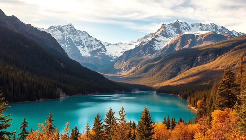 A vast, majestic national park landscape, with towering snow-capped mountains in the background, their peaks piercing the azure sky. In the foreground, a pristine turquoise lake reflects the surrounding wilderness, its calm waters dotted with fallen autumn leaves. Dense, verdant forests flank the scene, their canopy of lush, green foliage casting dappled shadows across the rolling hills. The warm, golden light of the setting sun bathes the entire tableau, creating a serene and awe-inspiring atmosphere. The scene conveys a sense of untamed, timeless beauty that captures the essence of the world's most breathtaking natural wonders. A vast, majestic national park landscape, with towering snow-capped mountains in the background, their peaks piercing the azure sky. In the foreground, a pristine turquoise lake reflects the surrounding wilderness, its calm waters dotted with fallen autumn leaves. Dense, verdant forests flank the scene, their canopy of lush, green foliage casting dappled shadows across the rolling hills. The warm, golden light of the setting sun bathes the entire tableau, creating a serene and awe-inspiring atmosphere. The scene conveys a sense of untamed, timeless beauty that captures the essence of the world's most breathtaking natural wonders.