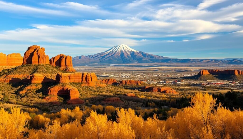 A vast panoramic view of Colorado Springs, nestled against the majestic Pikes Peak in the background. In the foreground, the iconic red sandstone formations of the Garden of the Gods stand in dramatic contrast, bathed in warm afternoon sunlight. The middle ground is alive with the vibrant golden hues of aspen trees, their leaves rustling gently in a crisp, autumn breeze. The sky is a stunning azure, dotted with wispy clouds that cast soft, diffused shadows across the landscape. The overall scene evokes a sense of serene wonder and natural beauty, perfectly capturing the essence of this breathtaking Colorado destination. A vast panoramic view of Colorado Springs, nestled against the majestic Pikes Peak in the background. In the foreground, the iconic red sandstone formations of the Garden of the Gods stand in dramatic contrast, bathed in warm afternoon sunlight. The middle ground is alive with the vibrant golden hues of aspen trees, their leaves rustling gently in a crisp, autumn breeze. The sky is a stunning azure, dotted with wispy clouds that cast soft, diffused shadows across the landscape. The overall scene evokes a sense of serene wonder and natural beauty, perfectly capturing the essence of this breathtaking Colorado destination.