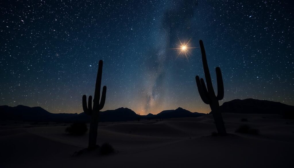 A vast, serene desert landscape at night, illuminated by a brilliant starry sky. In the foreground, towering Saguaro cacti silhouetted against the celestial display, their arms reaching skyward. The middle ground features undulating sand dunes, their gentle slopes casting soft shadows. The background is dominated by a breathtaking array of stars, galaxies, and nebulae, creating a mesmerizing celestial backdrop. The scene is bathed in a warm, ethereal glow, suggesting a sense of tranquility and wonder. Capture this captivating desert stargazing experience with a wide-angle, high-resolution lens, showcasing the grandeur of the Saguaro National Park under the night sky. A vast, serene desert landscape at night, illuminated by a brilliant starry sky. In the foreground, towering Saguaro cacti silhouetted against the celestial display, their arms reaching skyward. The middle ground features undulating sand dunes, their gentle slopes casting soft shadows. The background is dominated by a breathtaking array of stars, galaxies, and nebulae, creating a mesmerizing celestial backdrop. The scene is bathed in a warm, ethereal glow, suggesting a sense of tranquility and wonder. Capture this captivating desert stargazing experience with a wide-angle, high-resolution lens, showcasing the grandeur of the Saguaro National Park under the night sky.