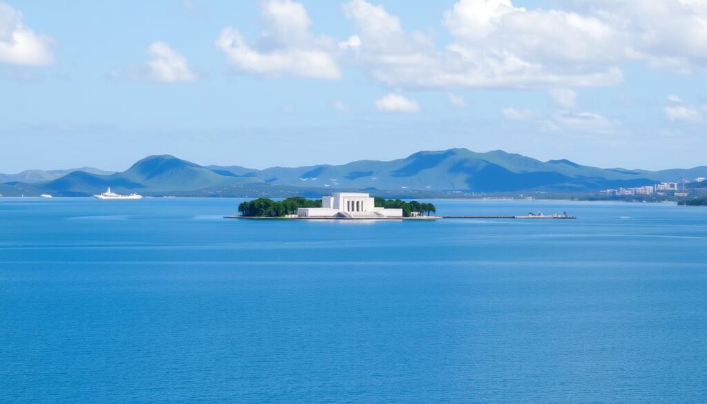 A vast, solemn expanse of peaceful waters under a clear, azure sky, the USS Arizona Memorial standing as a poignant reminder of the events that unfolded on that fateful day at Pearl Harbor. The iconic white structure, built over the submerged remains of the battleship, casts a serene reflection upon the tranquil surface, inviting visitors to reflect on the sacrifices of the past. In the distance, the lush, verdant hills of Oahu provide a serene backdrop, while the surrounding naval vessels and aircraft serve as a testament to the continued vigilance and resilience of the American spirit. A somber yet profound scene, capturing the essence of remembrance and the enduring spirit of the Hawaiian islands. A vast, solemn expanse of peaceful waters under a clear, azure sky, the USS Arizona Memorial standing as a poignant reminder of the events that unfolded on that fateful day at Pearl Harbor. The iconic white structure, built over the submerged remains of the battleship, casts a serene reflection upon the tranquil surface, inviting visitors to reflect on the sacrifices of the past. In the distance, the lush, verdant hills of Oahu provide a serene backdrop, while the surrounding naval vessels and aircraft serve as a testament to the continued vigilance and resilience of the American spirit. A somber yet profound scene, capturing the essence of remembrance and the enduring spirit of the Hawaiian islands.