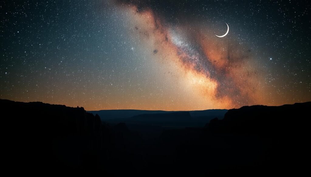 A vast, star-studded night sky stretches above a rugged, silhouetted canyon landscape. The Milky Way cascades across the heavens, its iridescent swirls of light casting a ethereal glow over the towering rock formations below. Shimmering, distant galaxies dot the inky blackness, while a crescent moon hangs low on the horizon, casting its pale luminescence across the scene. The entire composition is bathed in a warm, cinematic lighting, creating a sense of wonder and exploration, as if the viewer is standing amidst this untamed, cosmic wilderness. A vast, star-studded night sky stretches above a rugged, silhouetted canyon landscape. The Milky Way cascades across the heavens, its iridescent swirls of light casting a ethereal glow over the towering rock formations below. Shimmering, distant galaxies dot the inky blackness, while a crescent moon hangs low on the horizon, casting its pale luminescence across the scene. The entire composition is bathed in a warm, cinematic lighting, creating a sense of wonder and exploration, as if the viewer is standing amidst this untamed, cosmic wilderness.