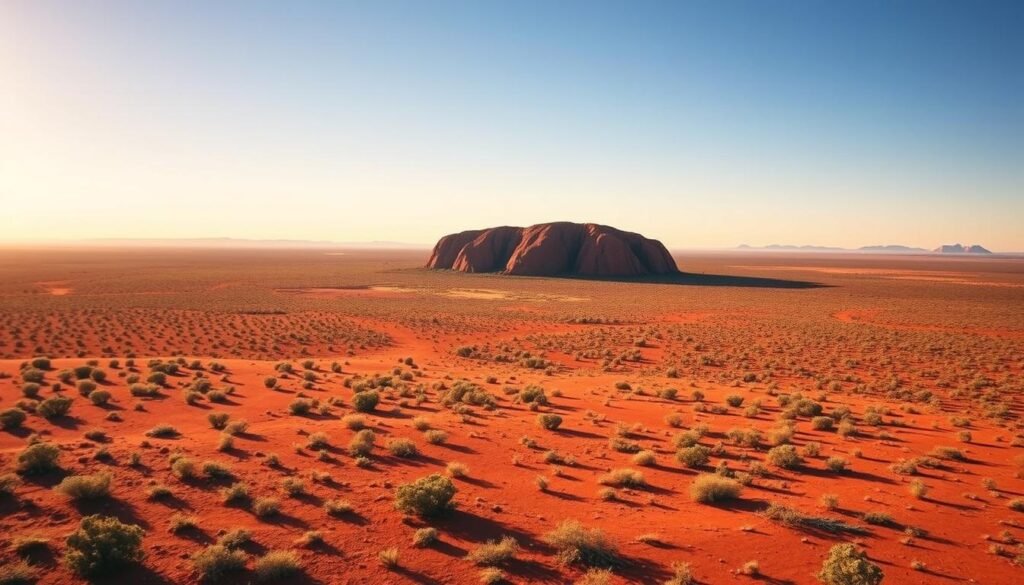 A vast, sun-drenched expanse of the Australian Red Centre, captured during the perfect months to visit. In the foreground, the iconic silhouette of Uluru rises majestically, its ancient sandstone glowing with a deep, rusty hue under the warm desert light. Surrounding it, a sea of vibrant red soil and sparse, hardy vegetation stretches out to the horizon, broken by the weathered shapes of rugged outcrops and distant mountain ranges. The sky above is a cloudless, piercing blue, lending an otherworldly, timeless quality to the scene. Warm, golden sunlight filters through the dry air, casting long shadows and highlighting the textures of the landscape. This is the quintessential Australian Outback, at its most captivating during the prime visiting months. A vast, sun-drenched expanse of the Australian Red Centre, captured during the perfect months to visit. In the foreground, the iconic silhouette of Uluru rises majestically, its ancient sandstone glowing with a deep, rusty hue under the warm desert light. Surrounding it, a sea of vibrant red soil and sparse, hardy vegetation stretches out to the horizon, broken by the weathered shapes of rugged outcrops and distant mountain ranges. The sky above is a cloudless, piercing blue, lending an otherworldly, timeless quality to the scene. Warm, golden sunlight filters through the dry air, casting long shadows and highlighting the textures of the landscape. This is the quintessential Australian Outback, at its most captivating during the prime visiting months.