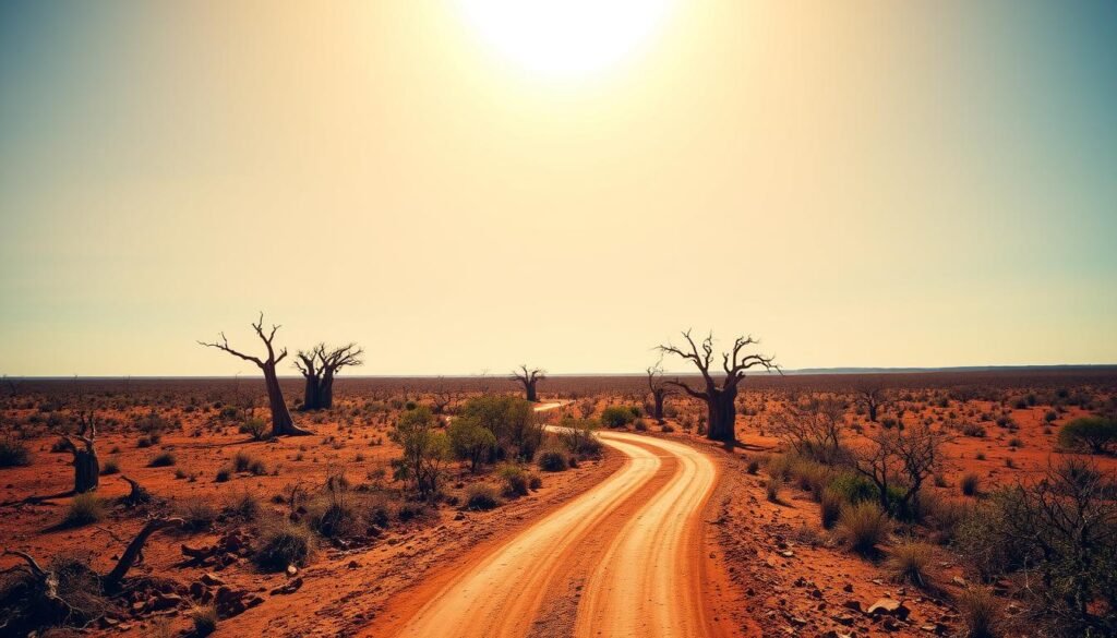 A vast, sun-drenched landscape stretches out, dotted with parched earth and gnarled, weathered trees. In the foreground, a dirt road winds its way through the rugged terrain, flanked by towering termite mounds and the occasional patch of sparse, hardy vegetation. The sky above is a brilliant, cloudless blue, with a harsh, golden light filtering down and casting long shadows across the scene. The atmosphere is one of relentless heat and unyielding dryness, a testament to the resilience of the region's flora and fauna during the Dry season in Australia's Tropical North and Top End. A vast, sun-drenched landscape stretches out, dotted with parched earth and gnarled, weathered trees. In the foreground, a dirt road winds its way through the rugged terrain, flanked by towering termite mounds and the occasional patch of sparse, hardy vegetation. The sky above is a brilliant, cloudless blue, with a harsh, golden light filtering down and casting long shadows across the scene. The atmosphere is one of relentless heat and unyielding dryness, a testament to the resilience of the region's flora and fauna during the Dry season in Australia's Tropical North and Top End.