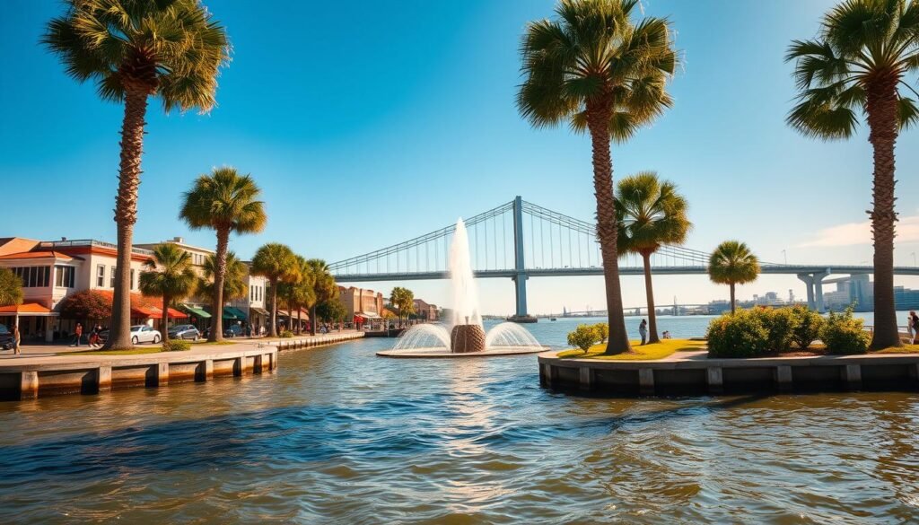 A vibrant Charleston harbor scene, captured with a wide-angle lens to showcase the iconic views. In the foreground, the glistening waters of the Cooper River flow gently, reflecting the warm afternoon sun. Towering palmetto trees line the Waterfront Park, their fronds swaying in the gentle breeze. The middle ground features the Pineapple Fountain, its jet of water rising gracefully against a backdrop of historic buildings, their pastel-colored facades bathed in a golden glow. In the distance, the iconic Arthur Ravenel Jr. Bridge stretches across the harbor, its white cables and steel arches standing tall against a cloudless azure sky. The overall atmosphere evokes a sense of tranquility and timeless charm, perfectly capturing the essence of Charleston's iconic waterfront. A vibrant Charleston harbor scene, captured with a wide-angle lens to showcase the iconic views. In the foreground, the glistening waters of the Cooper River flow gently, reflecting the warm afternoon sun. Towering palmetto trees line the Waterfront Park, their fronds swaying in the gentle breeze. The middle ground features the Pineapple Fountain, its jet of water rising gracefully against a backdrop of historic buildings, their pastel-colored facades bathed in a golden glow. In the distance, the iconic Arthur Ravenel Jr. Bridge stretches across the harbor, its white cables and steel arches standing tall against a cloudless azure sky. The overall atmosphere evokes a sense of tranquility and timeless charm, perfectly capturing the essence of Charleston's iconic waterfront.