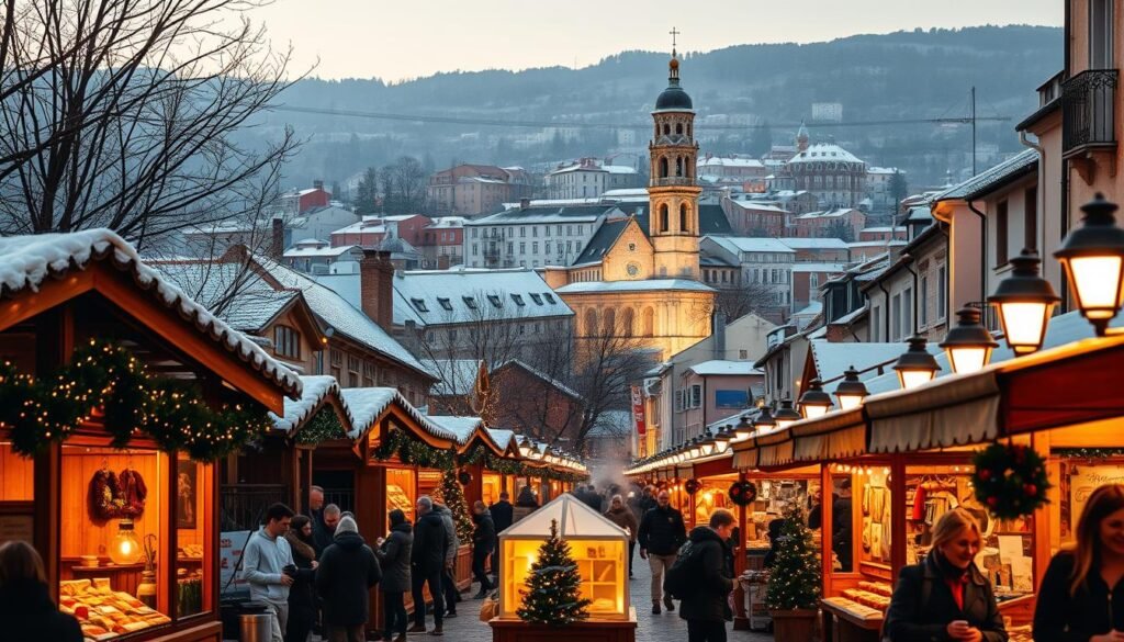 A vibrant Croatian winter cityscape, bathed in a warm, golden glow of festive lights. In the foreground, a bustling outdoor Christmas market, with wooden stalls selling handcrafted goods, steaming mugs of mulled wine, and the laughter of excited patrons. The middle ground features a picturesque cathedral, its towers and spires dusted with a light layer of snow, framing the scene. In the background, a network of narrow streets and alleys wind through the historic city center, lined with charming, colorful buildings. A crisp, wintry atmosphere pervades the scene, with a hint of festive cheer and cultural richness, capturing the essence of Croatia in the winter months. A vibrant Croatian winter cityscape, bathed in a warm, golden glow of festive lights. In the foreground, a bustling outdoor Christmas market, with wooden stalls selling handcrafted goods, steaming mugs of mulled wine, and the laughter of excited patrons. The middle ground features a picturesque cathedral, its towers and spires dusted with a light layer of snow, framing the scene. In the background, a network of narrow streets and alleys wind through the historic city center, lined with charming, colorful buildings. A crisp, wintry atmosphere pervades the scene, with a hint of festive cheer and cultural richness, capturing the essence of Croatia in the winter months.