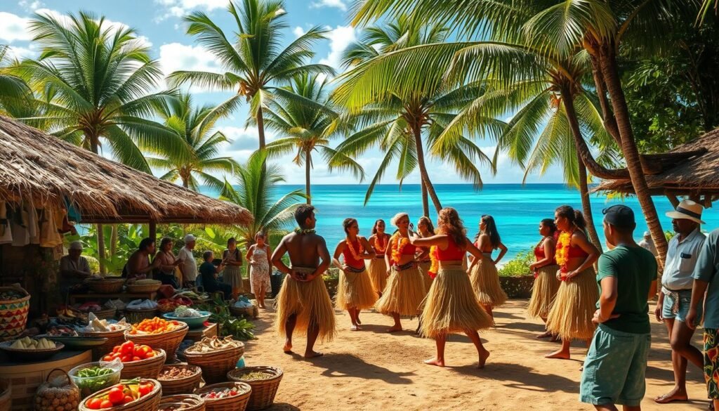A vibrant Fijian village scene, bathed in warm tropical sunlight. In the foreground, a colorful outdoor market bustles with vendors selling intricate handwoven baskets, fragrant spices, and fresh local produce. In the middle ground, a group of dancers in traditional grass skirts and flower leis perform a captivating ceremonial dance, their movements fluid and rhythmic. In the background, lush palm trees sway gently, framing a stunning view of the azure waters of the South Pacific. The atmosphere is one of cultural richness, community, and a deep connection to the island's heritage. A vibrant Fijian village scene, bathed in warm tropical sunlight. In the foreground, a colorful outdoor market bustles with vendors selling intricate handwoven baskets, fragrant spices, and fresh local produce. In the middle ground, a group of dancers in traditional grass skirts and flower leis perform a captivating ceremonial dance, their movements fluid and rhythmic. In the background, lush palm trees sway gently, framing a stunning view of the azure waters of the South Pacific. The atmosphere is one of cultural richness, community, and a deep connection to the island's heritage.
