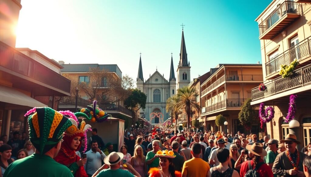 A vibrant Mardi Gras celebration in the heart of New Orleans. In the foreground, a lively parade with colorful floats, costumed revelers throwing beads, and the iconic Bourbon Street atmosphere. The middle ground features the iconic St. Louis Cathedral, its steeples rising against a clear blue sky. In the background, the historic French Quarter buildings with their wrought-iron balconies and lively jazz music spilling into the streets. Warm, golden lighting illuminates the scene, capturing the festive energy and electric atmosphere of this beloved annual event. A wide-angle lens captures the grand scale of the celebration, immersing the viewer in the sights, sounds, and excitement of Mardi Gras in New Orleans. A vibrant Mardi Gras celebration in the heart of New Orleans. In the foreground, a lively parade with colorful floats, costumed revelers throwing beads, and the iconic Bourbon Street atmosphere. The middle ground features the iconic St. Louis Cathedral, its steeples rising against a clear blue sky. In the background, the historic French Quarter buildings with their wrought-iron balconies and lively jazz music spilling into the streets. Warm, golden lighting illuminates the scene, capturing the festive energy and electric atmosphere of this beloved annual event. A wide-angle lens captures the grand scale of the celebration, immersing the viewer in the sights, sounds, and excitement of Mardi Gras in New Orleans.