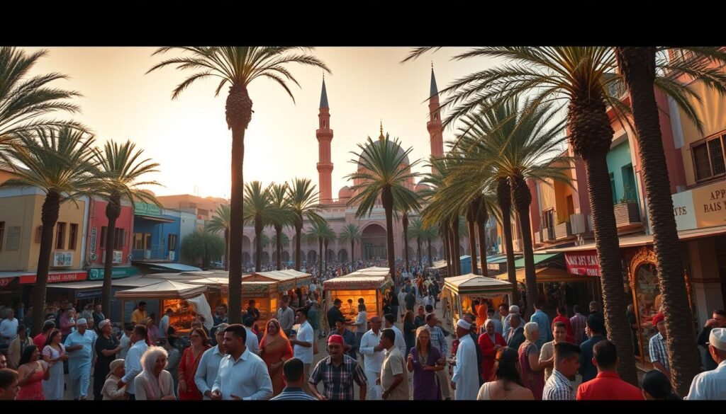 A vibrant Moroccan festival scene, set against a backdrop of colorful buildings and bustling streets. In the foreground, a lively crowd gathers, adorned in traditional dress and engaged in joyful dancing, music, and celebration. Towering palm trees sway gently in the warm desert breeze, casting soft shadows across the cobblestoned square. The middle ground features an array of ornate stalls and vendors, offering an enticing array of handcrafted goods, spices, and local delicacies. In the distance, the iconic minarets of a grand mosque rise up, bathed in the warm glow of the setting sun, creating a serene and evocative atmosphere. Crisp, high-contrast lighting emphasizes the rich textures and vibrant colors, transporting the viewer to the heart of a Moroccan cultural celebration. A vibrant Moroccan festival scene, set against a backdrop of colorful buildings and bustling streets. In the foreground, a lively crowd gathers, adorned in traditional dress and engaged in joyful dancing, music, and celebration. Towering palm trees sway gently in the warm desert breeze, casting soft shadows across the cobblestoned square. The middle ground features an array of ornate stalls and vendors, offering an enticing array of handcrafted goods, spices, and local delicacies. In the distance, the iconic minarets of a grand mosque rise up, bathed in the warm glow of the setting sun, creating a serene and evocative atmosphere. Crisp, high-contrast lighting emphasizes the rich textures and vibrant colors, transporting the viewer to the heart of a Moroccan cultural celebration.