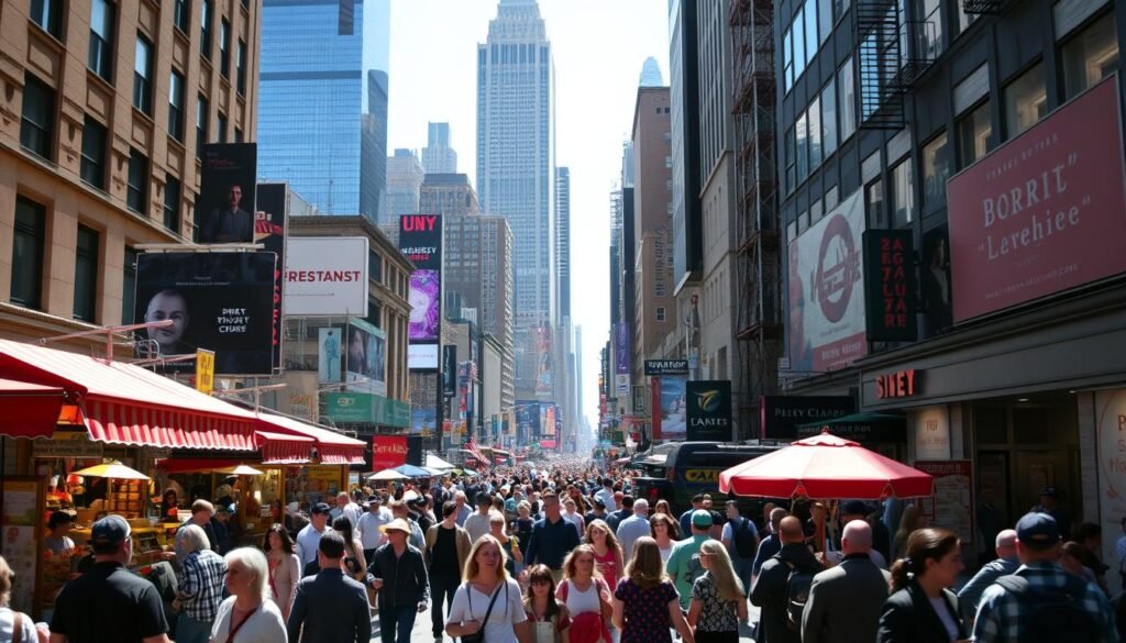 A vibrant New York City street scene, bustling with crowds of people navigating through the chaos. In the foreground, an array of street vendors and food carts, their colorful awnings and signage creating a lively atmosphere. The middle ground is filled with a diverse mix of pedestrians, from hurried businesspeople to leisurely tourists, captured in a dynamic blend of motion and stillness. In the background, the iconic skyscrapers of Manhattan rise up, their glass facades reflecting the bright, natural light of a sunny day. The overall mood conveys the energy and dynamism of the city, with a sense of both excitement and potential for finding deals amidst the peak tourist crowds.