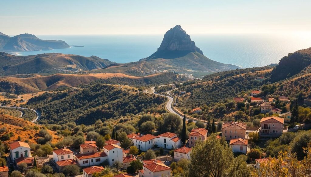A vibrant Spanish landscape with rolling hills, dramatic mountains, and a sun-kissed coastline. In the foreground, a quaint village nestled among verdant olive groves, its whitewashed buildings and red-tiled roofs bathed in warm, golden light. In the middle ground, a winding road leads up to a towering peak, its rocky face casting dramatic shadows. In the distance, the azure waters of the Mediterranean Sea glimmer and sparkle, inviting exploration. The scene is imbued with a sense of tranquility and timelessness, capturing the essence of Spain's regional diversity and natural beauty. A vibrant Spanish landscape with rolling hills, dramatic mountains, and a sun-kissed coastline. In the foreground, a quaint village nestled among verdant olive groves, its whitewashed buildings and red-tiled roofs bathed in warm, golden light. In the middle ground, a winding road leads up to a towering peak, its rocky face casting dramatic shadows. In the distance, the azure waters of the Mediterranean Sea glimmer and sparkle, inviting exploration. The scene is imbued with a sense of tranquility and timelessness, capturing the essence of Spain's regional diversity and natural beauty.