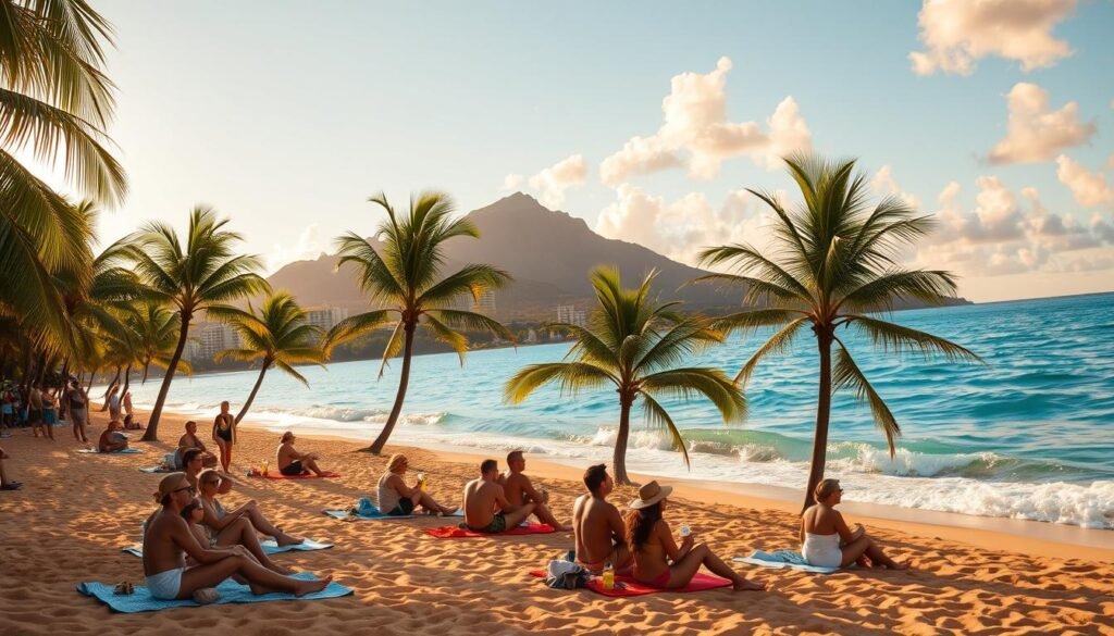 A vibrant Waikiki beach scene, with golden sand and glistening azure waves lapping at the shore. In the foreground, a group of sun-kissed beachgoers relax on colorful towels, sipping tropical drinks. Swaying palm trees frame the middle ground, their fronds casting dappled shadows. In the distance, the iconic Diamond Head crater rises majestically, its slopes bathed in warm, golden light. A gentle breeze carries the scent of island flowers, and the setting sun paints the sky in a breathtaking display of oranges and pinks. A picture-perfect moment of quintessential Hawaiian bliss. A vibrant Waikiki beach scene, with golden sand and glistening azure waves lapping at the shore. In the foreground, a group of sun-kissed beachgoers relax on colorful towels, sipping tropical drinks. Swaying palm trees frame the middle ground, their fronds casting dappled shadows. In the distance, the iconic Diamond Head crater rises majestically, its slopes bathed in warm, golden light. A gentle breeze carries the scent of island flowers, and the setting sun paints the sky in a breathtaking display of oranges and pinks. A picture-perfect moment of quintessential Hawaiian bliss.