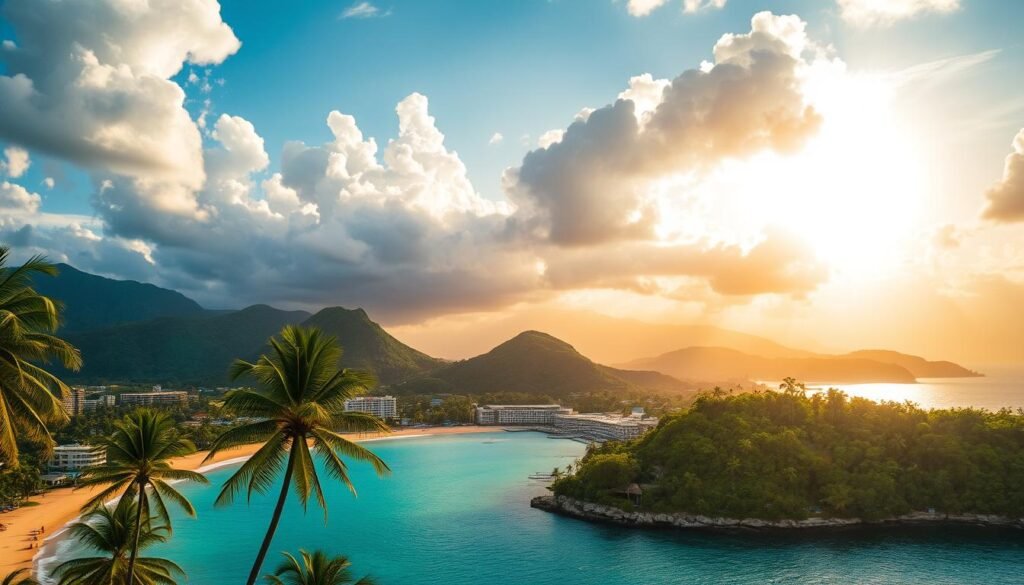 A vibrant aerial view of Montego Bay, Jamaica, capturing the region's distinct weather patterns. The foreground showcases the bustling coastline, with palm trees swaying in the gentle breeze and crystal-clear turquoise waters lapping at the golden sandy beaches. In the middle ground, lush green hills and mountains rise up, shrouded in a light haze. The background features a dramatic sky, with fluffy white clouds casting shadows across the landscape and a warm, golden sun peeking through, illuminating the scene. The overall atmosphere is one of tranquility and tropical splendor, perfectly encapsulating the unique regional weather characteristics of this picturesque Jamaican destination. A vibrant aerial view of Montego Bay, Jamaica, capturing the region's distinct weather patterns. The foreground showcases the bustling coastline, with palm trees swaying in the gentle breeze and crystal-clear turquoise waters lapping at the golden sandy beaches. In the middle ground, lush green hills and mountains rise up, shrouded in a light haze. The background features a dramatic sky, with fluffy white clouds casting shadows across the landscape and a warm, golden sun peeking through, illuminating the scene. The overall atmosphere is one of tranquility and tropical splendor, perfectly encapsulating the unique regional weather characteristics of this picturesque Jamaican destination.