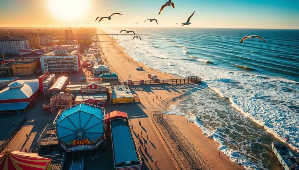 A vibrant aerial view of the Atlantic City boardwalk, with amusement park rides and the iconic Steel Pier in the foreground. The sun casts a warm, golden glow over the lively scene, illuminating the crashing waves and sandy beaches in the background. Seagulls soar overhead, adding to the dynamic, energetic atmosphere. The image captures the thrill and excitement of outdoor activities in this iconic seaside destination, perfectly encapsulating the spirit of "Outdoor thrills and ocean vibes I love".