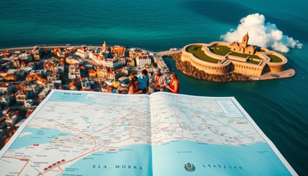 A vibrant aerial view of the historic city of San Juan, Puerto Rico, against a backdrop of azure Caribbean waters. In the foreground, a detailed map unfolds, showcasing the city's winding streets, iconic landmarks, and points of interest for the discerning traveler. The middle ground features a group of people animatedly discussing their itinerary, their faces lit by the warm, golden sunlight filtering through fluffy white clouds. In the distance, the iconic El Morro fortress stands tall, its imposing walls and turrets commanding the landscape. The overall scene conveys a sense of excitement, anticipation, and the promise of an unforgettable trip to this vibrant island destination. A vibrant aerial view of the historic city of San Juan, Puerto Rico, against a backdrop of azure Caribbean waters. In the foreground, a detailed map unfolds, showcasing the city's winding streets, iconic landmarks, and points of interest for the discerning traveler. The middle ground features a group of people animatedly discussing their itinerary, their faces lit by the warm, golden sunlight filtering through fluffy white clouds. In the distance, the iconic El Morro fortress stands tall, its imposing walls and turrets commanding the landscape. The overall scene conveys a sense of excitement, anticipation, and the promise of an unforgettable trip to this vibrant island destination.