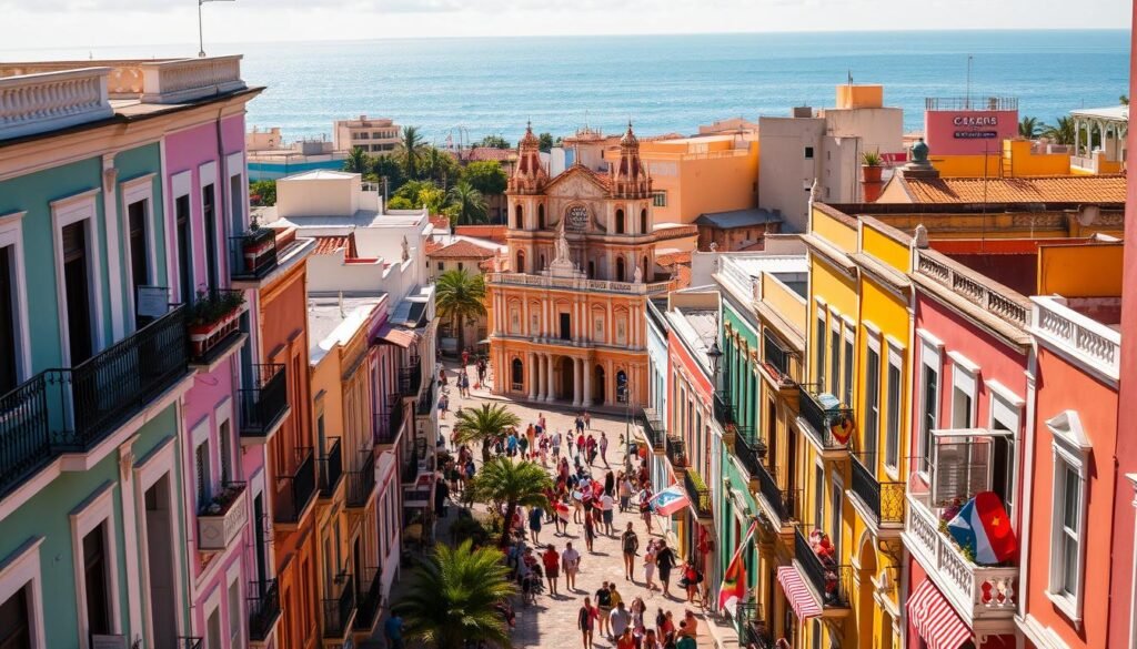 A vibrant and bustling city, San Juan, Puerto Rico, comes alive with its rich culture and historic charm. Against a backdrop of pastel-colored colonial architecture, capture the lively streets of Old San Juan, bustling with locals and visitors alike. In the foreground, showcase the colorful facades, ornate balconies, and cobblestone pathways that transport you to a bygone era. In the middle ground, depict the iconic San Juan Cathedral, its towering spires reaching towards the sky. In the distance, the azure Caribbean waters shimmer, contrasting with the vivid hues of the cityscape. Bathe the scene in warm, golden sunlight, casting a soft, inviting glow over the entire composition. Convey the festive, celebratory atmosphere of the city, where the rhythm of salsa music and the aroma of local cuisine create a captivating ambiance. A vibrant and bustling city, San Juan, Puerto Rico, comes alive with its rich culture and historic charm. Against a backdrop of pastel-colored colonial architecture, capture the lively streets of Old San Juan, bustling with locals and visitors alike. In the foreground, showcase the colorful facades, ornate balconies, and cobblestone pathways that transport you to a bygone era. In the middle ground, depict the iconic San Juan Cathedral, its towering spires reaching towards the sky. In the distance, the azure Caribbean waters shimmer, contrasting with the vivid hues of the cityscape. Bathe the scene in warm, golden sunlight, casting a soft, inviting glow over the entire composition. Convey the festive, celebratory atmosphere of the city, where the rhythm of salsa music and the aroma of local cuisine create a captivating ambiance.