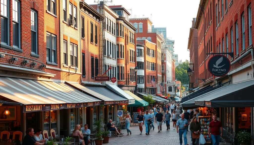 A vibrant and bustling streetscape in Portland, Maine, capturing the essence of its thriving local dining and shopping scene. In the foreground, an array of quaint restaurants with charming facades, their outdoor seating areas buzzing with diners enjoying the warm weather. In the middle ground, a mix of independent boutiques, specialty stores, and artisanal shops, their inviting displays drawing in curious passersby. The background features the iconic brick buildings and historic architecture that lend Portland its distinctive New England character, bathed in the soft, golden light of a late afternoon. The overall atmosphere exudes a sense of community, creativity, and a celebration of the region's natural beauty and culinary delights. A vibrant and bustling streetscape in Portland, Maine, capturing the essence of its thriving local dining and shopping scene. In the foreground, an array of quaint restaurants with charming facades, their outdoor seating areas buzzing with diners enjoying the warm weather. In the middle ground, a mix of independent boutiques, specialty stores, and artisanal shops, their inviting displays drawing in curious passersby. The background features the iconic brick buildings and historic architecture that lend Portland its distinctive New England character, bathed in the soft, golden light of a late afternoon. The overall atmosphere exudes a sense of community, creativity, and a celebration of the region's natural beauty and culinary delights.