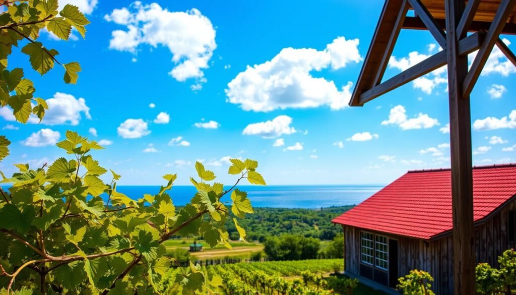A vibrant and inviting scene of the Leelanau Peninsula's wine country. In the foreground, a cluster of lush, verdant grapevines sway gently in the breeze, their leaves catching the warm, golden light of the sun. In the middle ground, a rustic, weathered barn stands proudly, its wooden beams and red-tiled roof framing a breathtaking view of the sparkling waters of Lake Michigan in the distance. The sky is a brilliant azure, dotted with fluffy white clouds that cast soft shadows across the rolling hills and vineyards. The overall atmosphere is one of tranquility, charm, and the bounty of the region's renowned winemaking tradition.