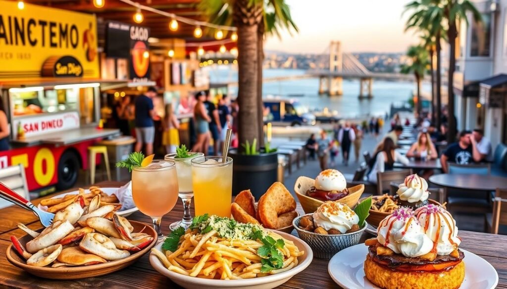 A vibrant and mouthwatering San Diego food guide, showcasing the city's diverse culinary scene. In the foreground, an artful arrangement of local delicacies - fresh seafood, craft cocktails, and indulgent desserts, all arranged on a wooden table with a rustic, California-inspired backdrop. The middle ground features a lively street scene, with bustling food trucks, trendy eateries, and people enjoying their meals al fresco. In the background, a panoramic view of the San Diego skyline, with the iconic Coronado Bridge and the sparkling waters of the Pacific Ocean, bathed in warm, golden-hour lighting. The overall atmosphere exudes a laid-back, beach-inspired vibe, perfectly capturing the essence of San Diego's thriving food culture. A vibrant and mouthwatering San Diego food guide, showcasing the city's diverse culinary scene. In the foreground, an artful arrangement of local delicacies - fresh seafood, craft cocktails, and indulgent desserts, all arranged on a wooden table with a rustic, California-inspired backdrop. The middle ground features a lively street scene, with bustling food trucks, trendy eateries, and people enjoying their meals al fresco. In the background, a panoramic view of the San Diego skyline, with the iconic Coronado Bridge and the sparkling waters of the Pacific Ocean, bathed in warm, golden-hour lighting. The overall atmosphere exudes a laid-back, beach-inspired vibe, perfectly capturing the essence of San Diego's thriving food culture.