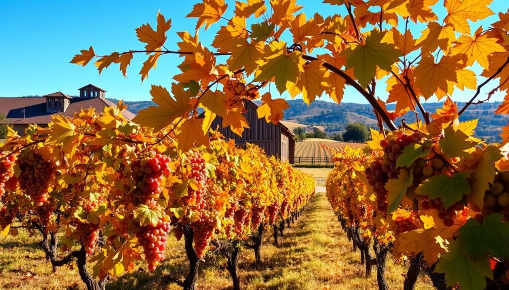 A vibrant autumn landscape in Napa Valley, California, during the peak of the wine harvest season. In the foreground, rows of lush, sun-dappled grapevines heavy with ripe, plump clusters of grapes, their leaves turning brilliant shades of gold, orange, and crimson. In the middle ground, a rustic wooden winery building, its weathered facade bathed in warm, golden light. In the background, rolling hills dotted with oak trees and vineyards stretch out towards the horizon, framed by a clear, azure sky. The scene exudes an atmosphere of tranquility, abundance, and the essence of Napa's wine country at its most picturesque. A vibrant autumn landscape in Napa Valley, California, during the peak of the wine harvest season. In the foreground, rows of lush, sun-dappled grapevines heavy with ripe, plump clusters of grapes, their leaves turning brilliant shades of gold, orange, and crimson. In the middle ground, a rustic wooden winery building, its weathered facade bathed in warm, golden light. In the background, rolling hills dotted with oak trees and vineyards stretch out towards the horizon, framed by a clear, azure sky. The scene exudes an atmosphere of tranquility, abundance, and the essence of Napa's wine country at its most picturesque.