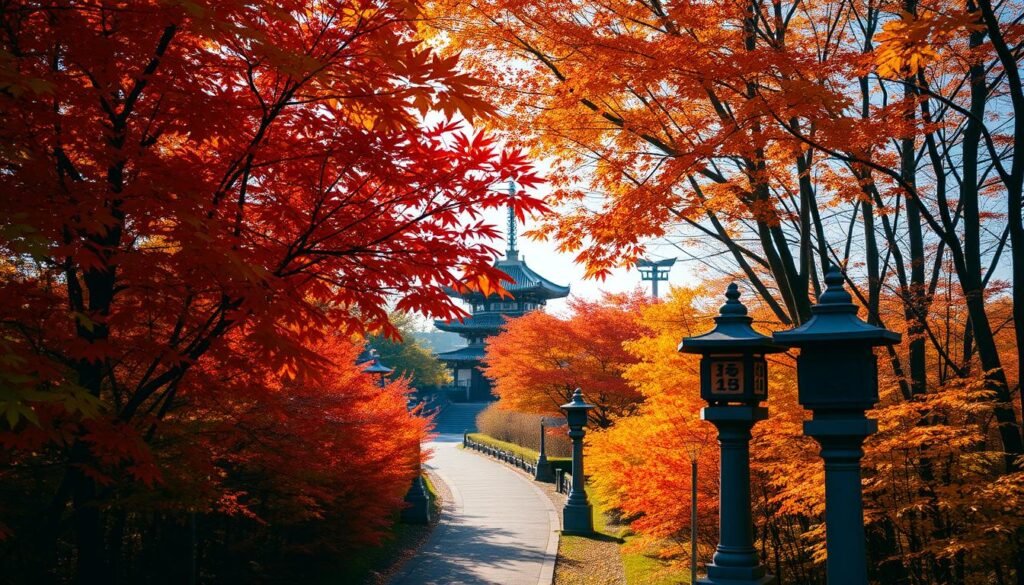 A vibrant autumn landscape in Tokyo, Japan. The foreground is a lush forest of maple trees, their leaves ablaze with shades of red, orange, and gold. The middle ground features a winding path flanked by ornate stone lanterns, leading the eye towards a traditional Japanese temple in the background, its pagoda-style roof silhouetted against a clear, azure sky. Soft, diffused lighting filters through the canopy, casting a warm, golden glow across the scene. The overall mood is one of tranquility, inviting the viewer to immerse themselves in the serene beauty of Tokyo's autumn foliage. A vibrant autumn landscape in Tokyo, Japan. The foreground is a lush forest of maple trees, their leaves ablaze with shades of red, orange, and gold. The middle ground features a winding path flanked by ornate stone lanterns, leading the eye towards a traditional Japanese temple in the background, its pagoda-style roof silhouetted against a clear, azure sky. Soft, diffused lighting filters through the canopy, casting a warm, golden glow across the scene. The overall mood is one of tranquility, inviting the viewer to immerse themselves in the serene beauty of Tokyo's autumn foliage.