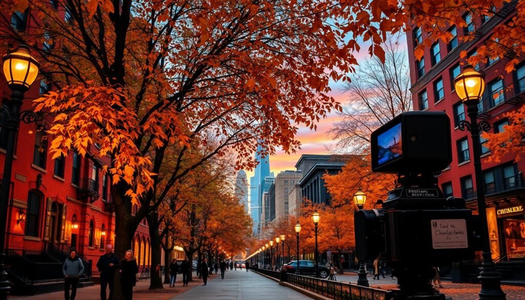 A vibrant autumnal scene in Chicago, with golden leaves cascading through the air against a backdrop of historic brick buildings. In the foreground, people stroll along a tree-lined sidewalk, their steps illuminated by the warm glow of vintage streetlamps. In the middle ground, a vintage film camera captures the changing season, framing the scene with a nostalgic cinematic flair. In the distance, the iconic skyline emerges, its skyscrapers silhouetted against a sky ablaze with the fiery hues of dusk. The atmosphere is infused with a sense of timeless wonder, inviting the viewer to step into this enchanting urban tableau and experience the magic of fall in the Windy City. A vibrant autumnal scene in Chicago, with golden leaves cascading through the air against a backdrop of historic brick buildings. In the foreground, people stroll along a tree-lined sidewalk, their steps illuminated by the warm glow of vintage streetlamps. In the middle ground, a vintage film camera captures the changing season, framing the scene with a nostalgic cinematic flair. In the distance, the iconic skyline emerges, its skyscrapers silhouetted against a sky ablaze with the fiery hues of dusk. The atmosphere is infused with a sense of timeless wonder, inviting the viewer to step into this enchanting urban tableau and experience the magic of fall in the Windy City.