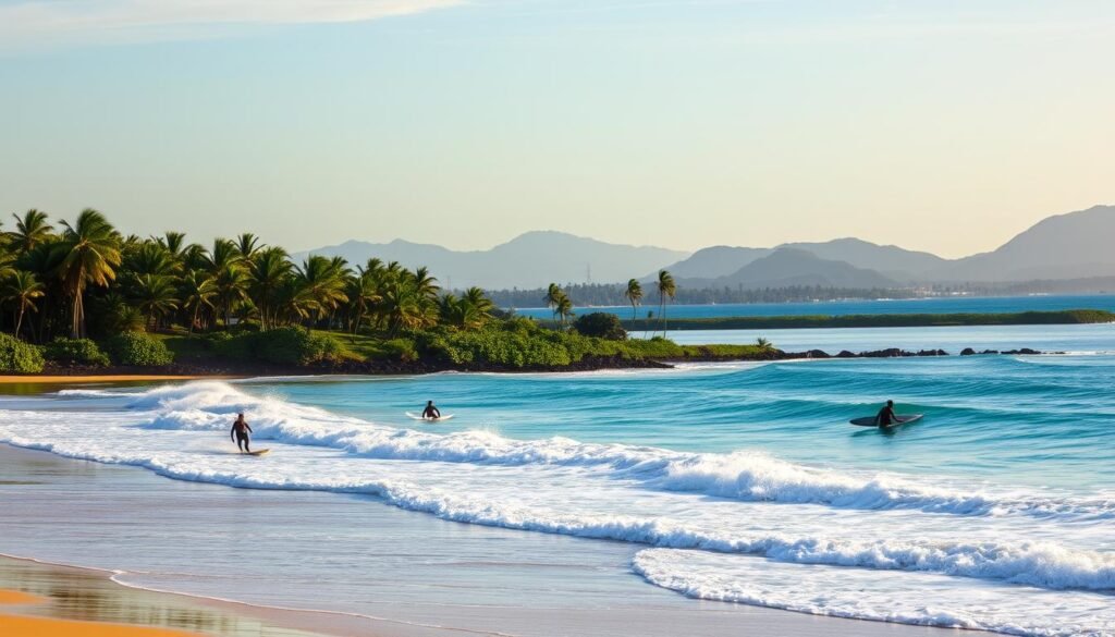 A vibrant beachscape in Tamarindo, Costa Rica, where turquoise waves crash against the golden sand. In the foreground, surfers carve graceful lines across the swells, their silhouettes backlit by the warm evening sun. The middle ground features a lush estuary, its placid waters reflecting the surrounding palm trees and coastal vegetation. In the distance, the silhouettes of hills and mountains rise up, creating a picturesque horizon. Soft, diffused lighting casts a dreamy, tropical atmosphere over the entire scene, conveying the carefree, laid-back vibe of this quintessential surf town. A vibrant beachscape in Tamarindo, Costa Rica, where turquoise waves crash against the golden sand. In the foreground, surfers carve graceful lines across the swells, their silhouettes backlit by the warm evening sun. The middle ground features a lush estuary, its placid waters reflecting the surrounding palm trees and coastal vegetation. In the distance, the silhouettes of hills and mountains rise up, creating a picturesque horizon. Soft, diffused lighting casts a dreamy, tropical atmosphere over the entire scene, conveying the carefree, laid-back vibe of this quintessential surf town.