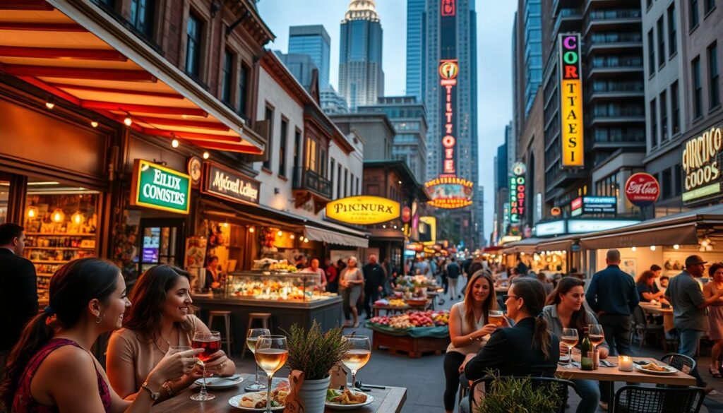 A vibrant, bustling city street lined with diverse, upscale restaurants and eateries. In the foreground, a group of friends enjoying an intimate outdoor dining experience, savoring gourmet dishes and sipping craft cocktails. The middle ground features an open-air market with artisanal food vendors, their stalls overflowing with fresh, locally-sourced produce and specialty ingredients. In the background, towering skyscrapers and neon-lit signs create a lively, energetic atmosphere. Warm, golden lighting casts a cozy glow, while the angle captures the energy and excitement of the "foodie adventure" experience. A vibrant, bustling city street lined with diverse, upscale restaurants and eateries. In the foreground, a group of friends enjoying an intimate outdoor dining experience, savoring gourmet dishes and sipping craft cocktails. The middle ground features an open-air market with artisanal food vendors, their stalls overflowing with fresh, locally-sourced produce and specialty ingredients. In the background, towering skyscrapers and neon-lit signs create a lively, energetic atmosphere. Warm, golden lighting casts a cozy glow, while the angle captures the energy and excitement of the "foodie adventure" experience.