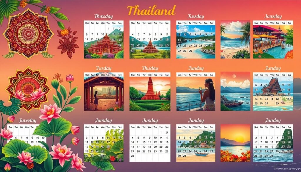 A vibrant calendar grid showcasing Thailand's enchanting seasonal transitions, with each month depicted through a distinctive illustration. The foreground features intricate mandalas, lotus flowers, and tropical foliage, representing the cultural richness and natural beauty of the country. The middle ground reveals snapshots of quintessential Thai experiences, from bustling night markets to serene beaches, highlighting the diverse travel opportunities. The background subtly shifts, capturing the changing weather patterns and environmental nuances across the year, from lush monsoon landscapes to sun-dappled dry seasons. Warm, saturated hues and a sense of movement convey the energetic, welcoming atmosphere of Thailand, inviting the viewer to discover the ideal time to visit based on their preferences.
