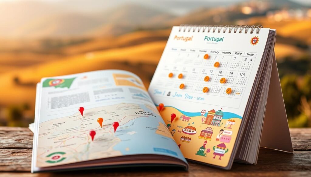 A vibrant calendar takes center stage, its pages flipping through the months of Portugal's diverse landscapes. In the foreground, a stylized map highlights key destinations, each marked with a colorful push pin. The middle ground features an array of seasonal icons - blooming flowers, sun-drenched beaches, cozy cafes - hinting at the unique charms of each month. The background is a warm, golden-hued vista, with rolling hills and a hint of the Iberian coastline. Soft, diffused lighting creates a dreamy, aspirational atmosphere, inviting the viewer to plan their perfect Portuguese getaway.