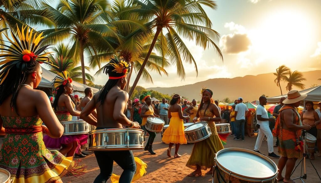 A vibrant celebration of Jamaican culture unfolds in a bustling outdoor festival. In the foreground, lively dancers sway to the rhythmic beat of steel drums, their colorful costumes and headdresses swirling in a dynamic display. In the middle ground, artisans showcase their intricate handcrafted wares, while vendors offer an array of traditional Jamaican delicacies. In the background, a stunning natural landscape sets the stage, with swaying palm trees and a warm, golden glow from the sun-dappled sky. The scene is infused with a palpable energy, capturing the essence of Jamaica's rich cultural heritage and the joyous spirit of its festivals. A vibrant celebration of Jamaican culture unfolds in a bustling outdoor festival. In the foreground, lively dancers sway to the rhythmic beat of steel drums, their colorful costumes and headdresses swirling in a dynamic display. In the middle ground, artisans showcase their intricate handcrafted wares, while vendors offer an array of traditional Jamaican delicacies. In the background, a stunning natural landscape sets the stage, with swaying palm trees and a warm, golden glow from the sun-dappled sky. The scene is infused with a palpable energy, capturing the essence of Jamaica's rich cultural heritage and the joyous spirit of its festivals.
